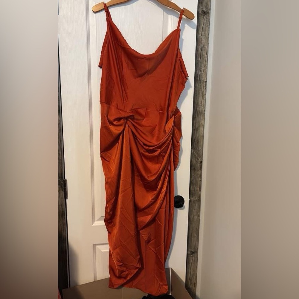 Rust Satin Midi Slip Dress with Draped pickup Detail - Women's 3x